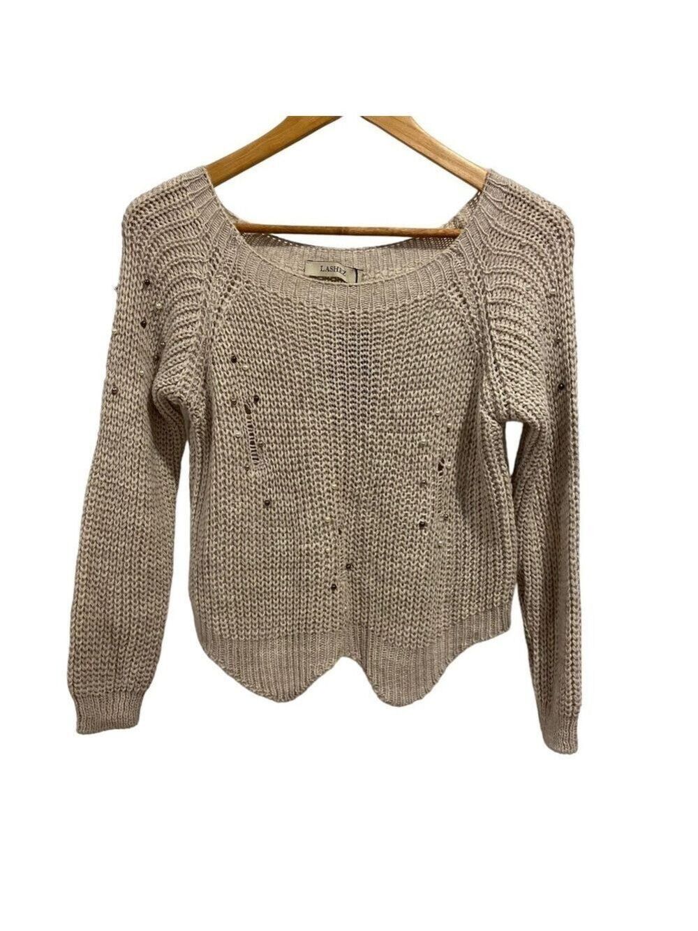 NWT Lashez Knit Crop Sweater Beaded Pearls | Women’s Cream Beige Ecru White NEW